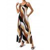 Casual Couple Outfit Colored Geometric Textured Printed Spaghetti Strap Pocket A Line Long Dress and Roll Up Sleeve Shirt Two Piece Set - café S | US 4