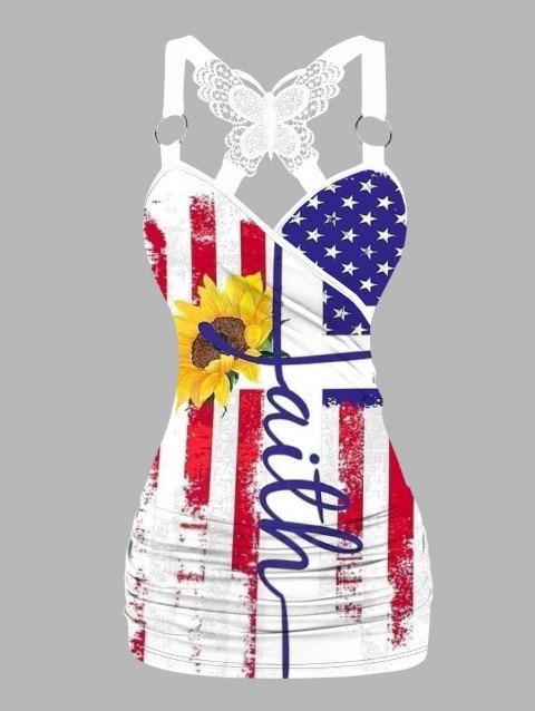 Independence Day Tank Top Star Striped Sunflower Letter Pattern Butterfly Lace Tank Top O Ring Surplice Patriotic Tank Top