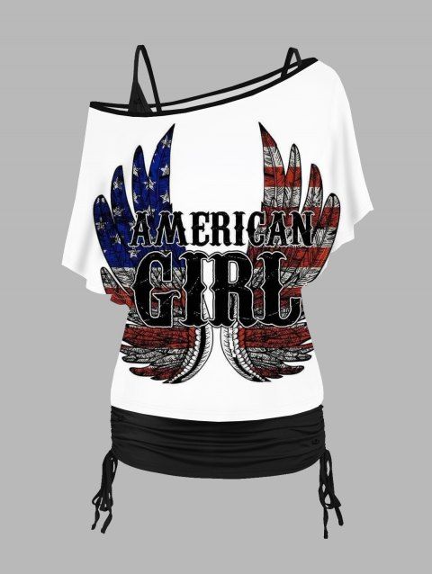 Independence Day Top Set American Flag Letter Wings Pattern Skew Neck Tee and Solid Color Cinched Tank Top Patriotic Two Piece Set