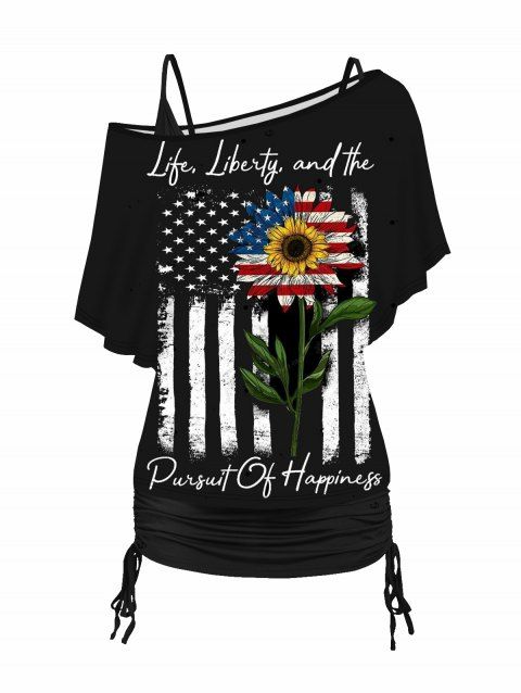 Ensemble de T-shirt Tournesol et Drapeau Américain en Couleur Unie sans Manches