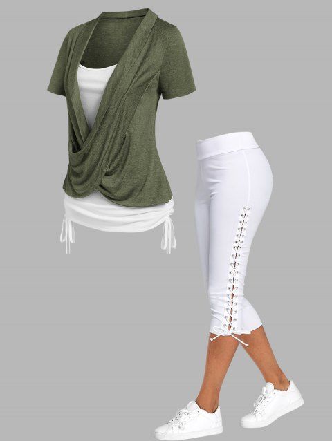 Cinched Cross Contrast Faux Twinset Tee And Lace-up Capri Pants