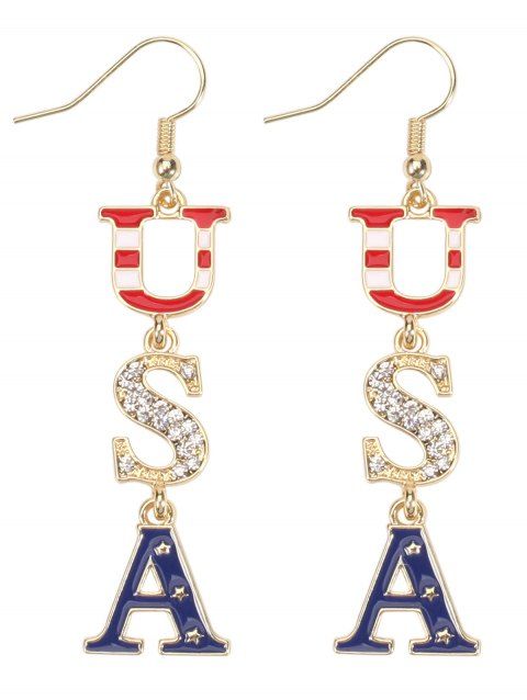 Independence Day Letter Rhinestone Star Striped Print Patriotic Drop Earrings