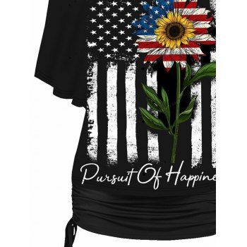 Independence Day Top Set American Flag Sunflower Letter Pattern Skew Neck Tee and Solid Color Cinched Tank Top Patriotic Two Piece Set