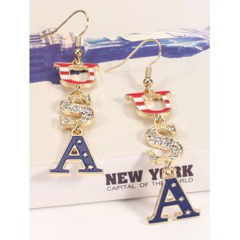 Independence Day Letter Rhinestone Star Striped Print Patriotic Drop Earrings