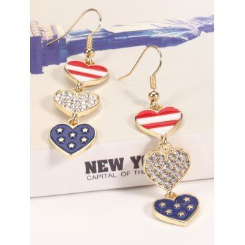 Independence Day Heart Shaped Rhinestone Star Striped Print Patriotic Drop Earrings