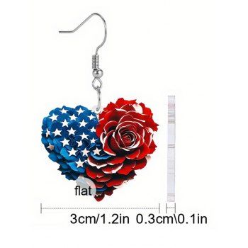 Independence Day Star Rose Pattern Heart Shaped Acrylic Patriotic Drop Earrings
