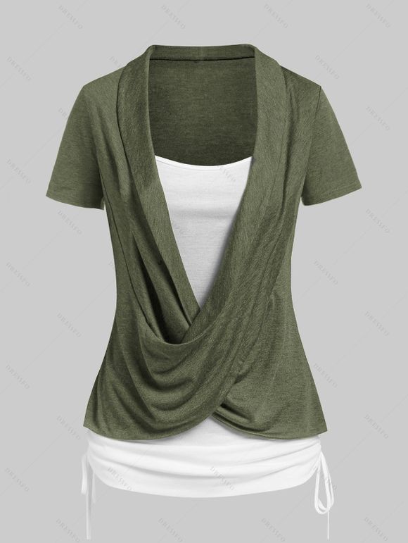 Cinched Cross Contrast Faux Twinset Tee And Lace-up Capri Pants - Vert profond M