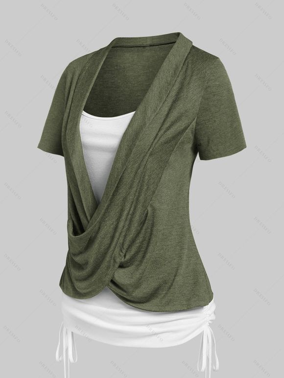 Cinched Cross Contrast Faux Twinset Tee And Lace-up Capri Pants - Vert profond M