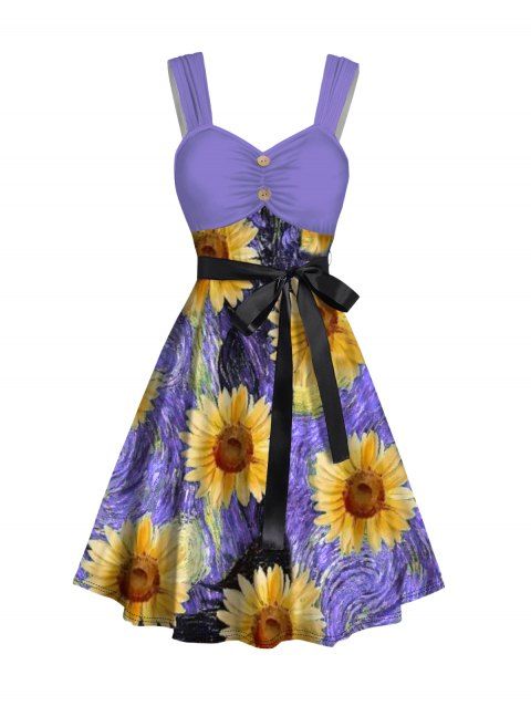 Robe Legging Plissée Bouée de Maquillage Tournesol Imprimé avec Bouton