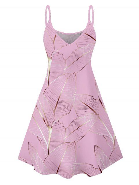 Mini Robe Ligne A Motif de Feuille Tropicale à Bretelle Fine