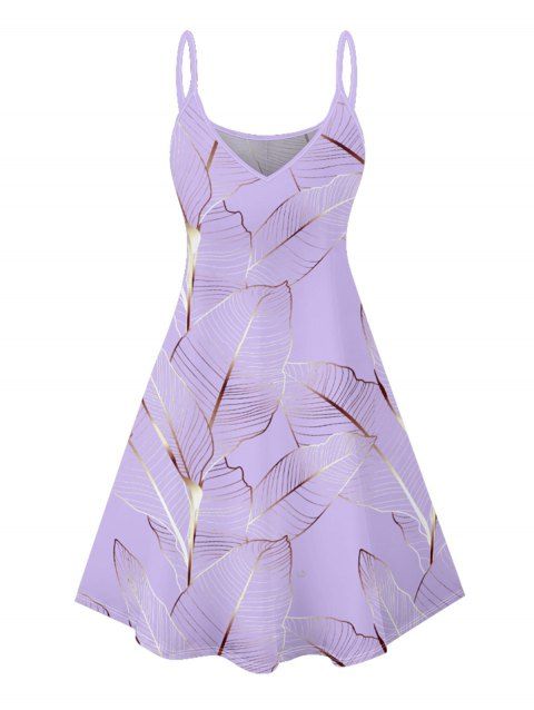 Mini Robe Ligne A Motif de Feuille Tropicale à Bretelle Fine