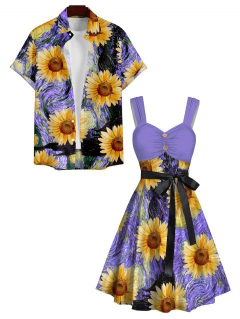 Van Gogh Sunflower Print Women's Sweetheart Neck Mock Button Dress and Men's Button Up Shirt Outfit