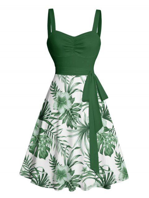 Mini Robe de Vacances Ceinturée Fleur Feuille Tropicale Imprimées