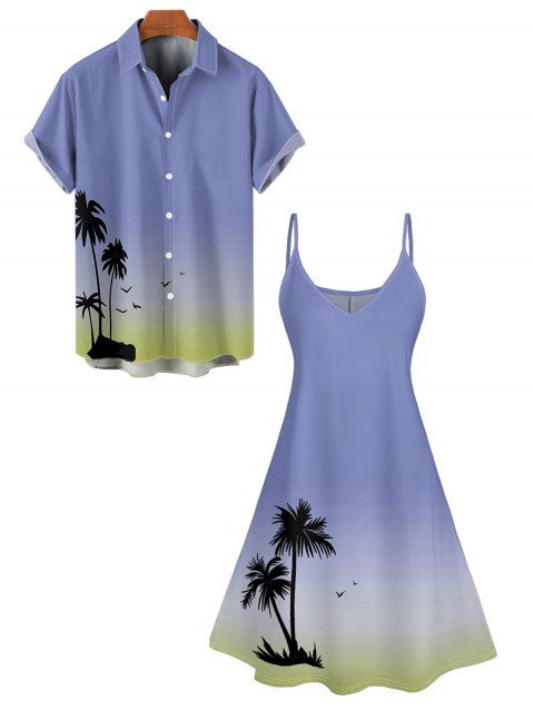 Ombre Palm Tree Print Hawaii Vacation Spaghetti Strap V Neck A Pendulum Mini Dress And Short Sleeve Shirt Matching Outfit