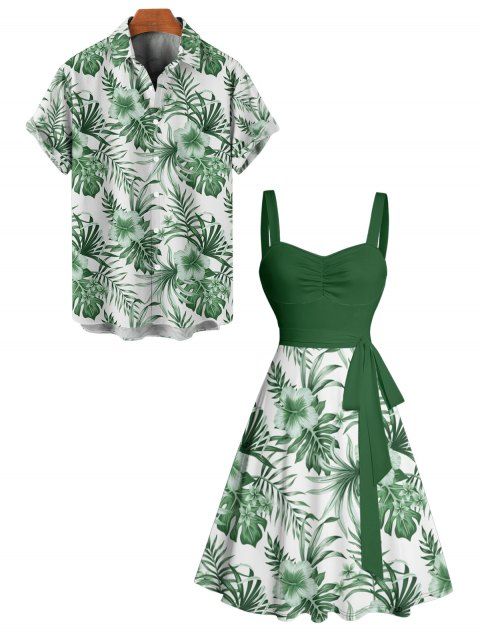 Tropical Flower Leaf Print Belted Mini Vacation Dress And Short Sleeve Shirt Matching Outfit