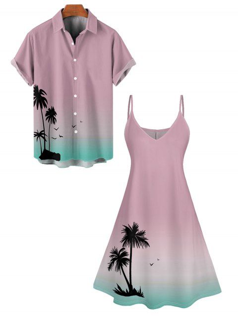 Ombre Palm Tree Print Hawaii Vacation Spaghetti Strap V Neck A Pendulum Mini Dress And Short Sleeve Shirt Matching Outfit