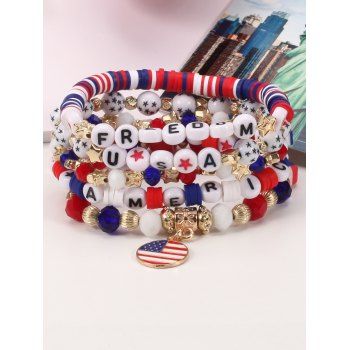 5 Pcs Independence Day Beaded American Flag Elements Star Striped Letter Print Faux Crystal Patriotic Bracelets