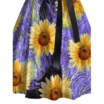 Sweetheart Neck Van Gogh Sunflower Print Mock Button Ruched Bust Tank Belt Dress