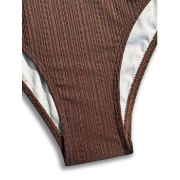Solid Color Textured Plunging Neck Open Back Halter Tankini Swimsuit Cinched High Cut Bottom Beach Tankini Swimwear