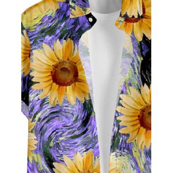 Men's Van Gogh Sunflower Print Roll Up Sleeve Shirt Button Up Short Sleeve Casual Gentleman Shirt