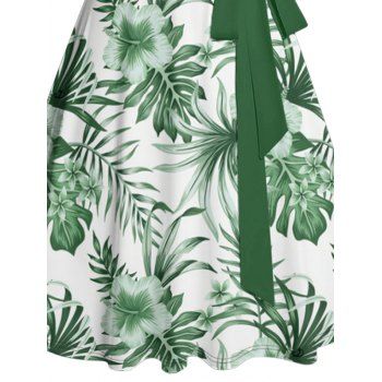Vacation Tropical Flower Leaf Print Belted Mini Dress
