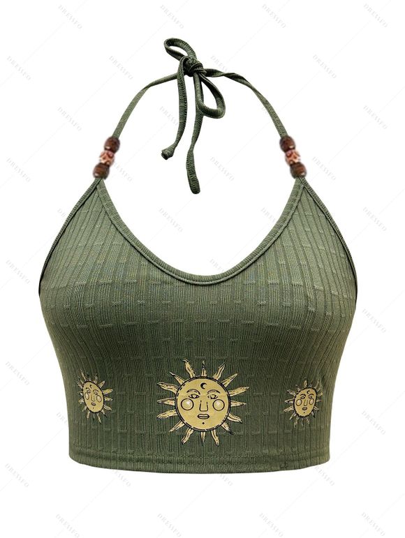 Débardeur Court de Vacances Perlé Motif de Soleil Ouvert Au Dos à Col Halter - Vert profond M | US 6