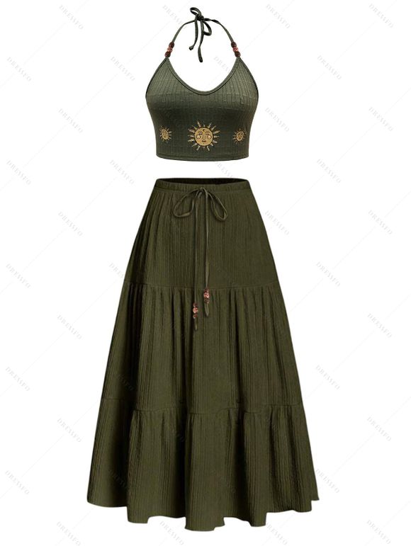 Vacation Outfit Textured Lace Scalloped Beaded Spaghetti Strap Crop Tank Top and Solid Color Bowknot Skirt Matching Outfit - Vert profond S | US 4