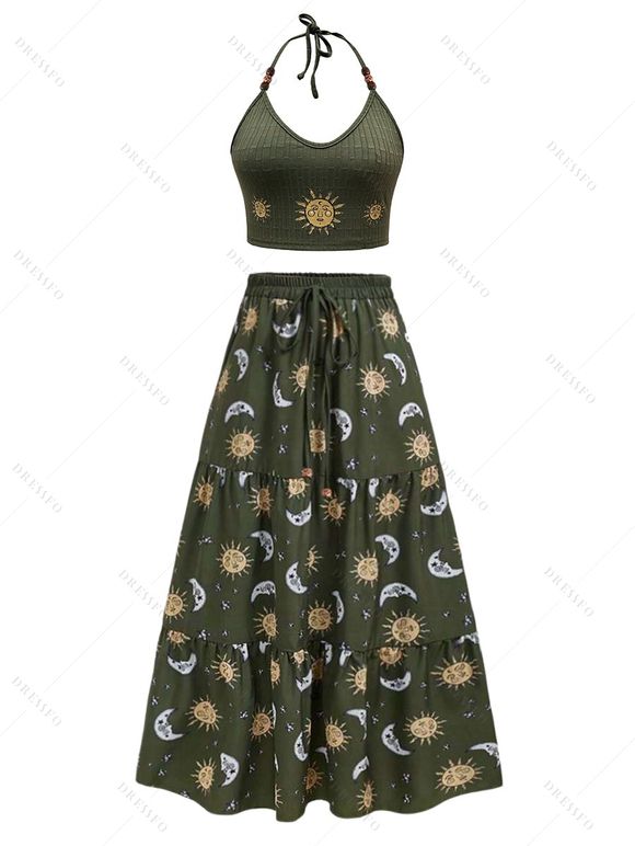 Vacation Outfit Retro Sun Pattern Beaded Halter Tank Top and Celestic Sun Moon Print Bowknot Drawstrings A Line Midi Skirt Matching Outfit - Vert profond S | US 4