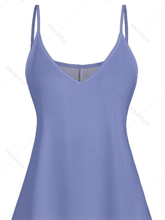 Mini Robe de Vacances Arbre Palmier Imprimé à Bretelle Fine à Col V - Bleu Ciel L | US 8-10