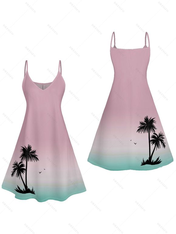 Mini Robe de Vacances Arbre Palmier Imprimé à Bretelle Fine à Col V - Rose clair S | US 4