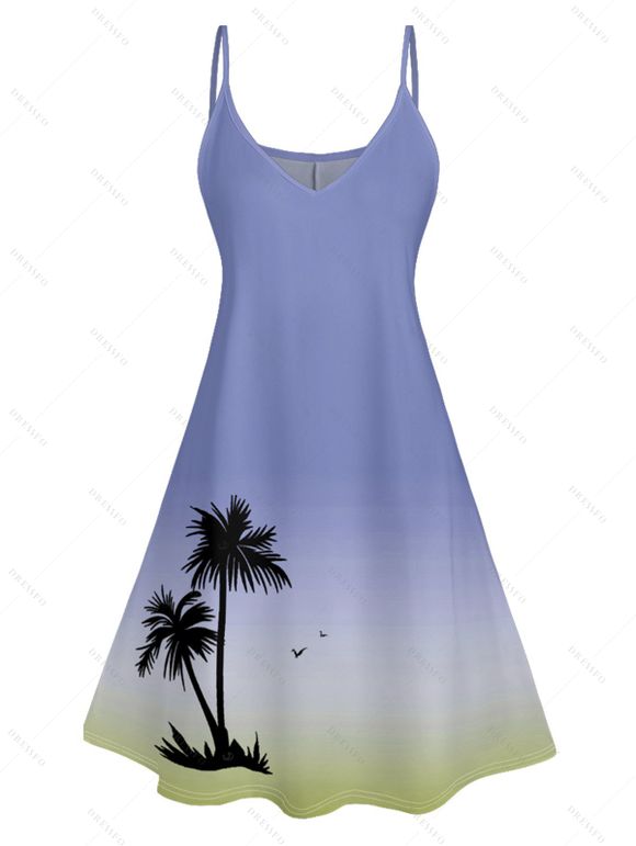 Ombre Palm Tree Print Hawaii Vacation Spaghetti Strap V Neck A Pendulum Mini Dress And Short Sleeve Shirt Matching Outfit - Bleu Ciel S | US 4