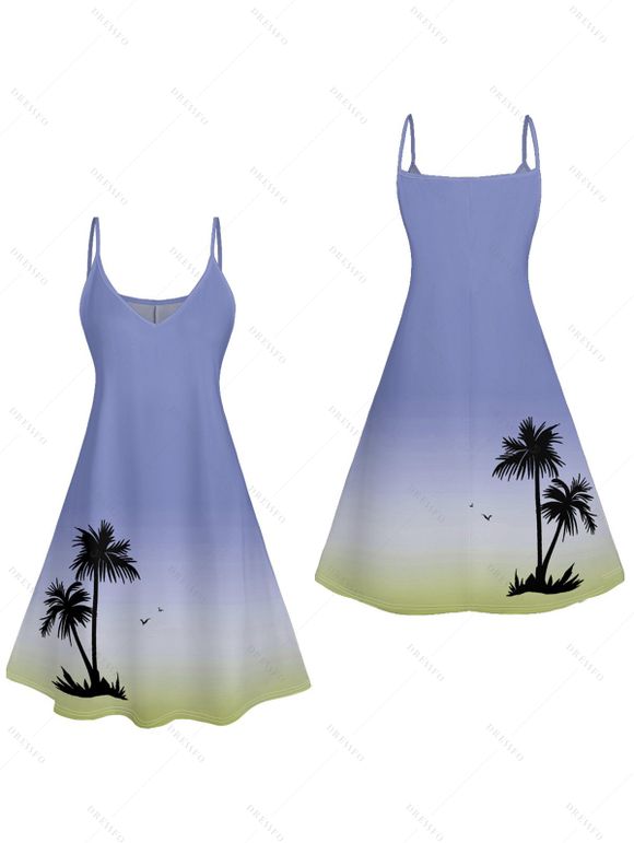 Ombre Palm Tree Print Hawaii Vacation Spaghetti Strap V Neck A Pendulum Mini Dress And Short Sleeve Shirt Matching Outfit - Bleu Ciel S | US 4