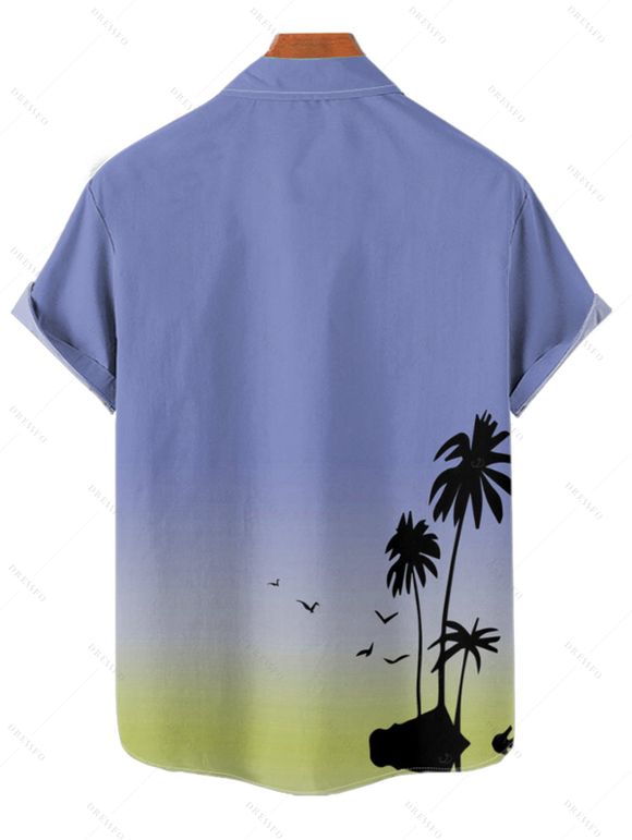 Ombre Palm Tree Print Hawaii Vacation Spaghetti Strap V Neck A Pendulum Mini Dress And Short Sleeve Shirt Matching Outfit - Bleu Ciel S | US 4