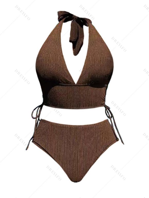 Maillot de Bain Tankini Texturé Ouvert Au Dos à Col Plongeant en Couleur Unie - Café profond L | US 8