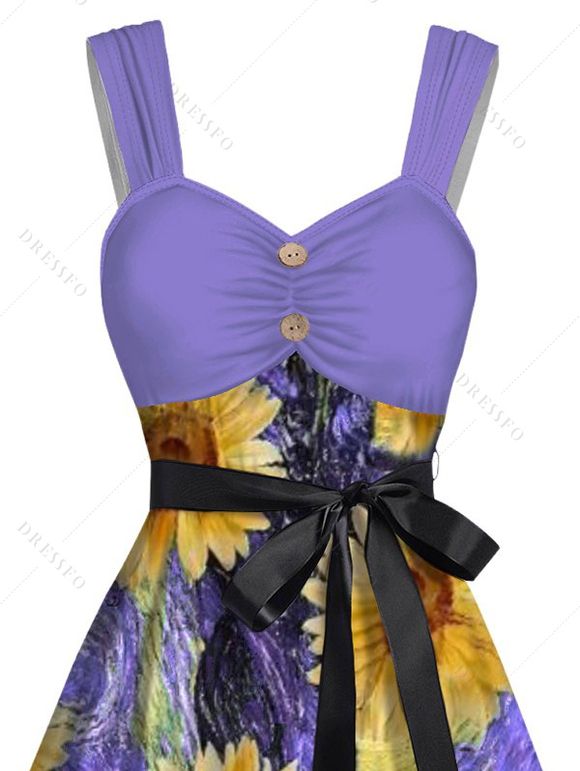 Robe Legging Plissée Bouée de Maquillage Tournesol Imprimé avec Bouton - Pourpre M | US 6