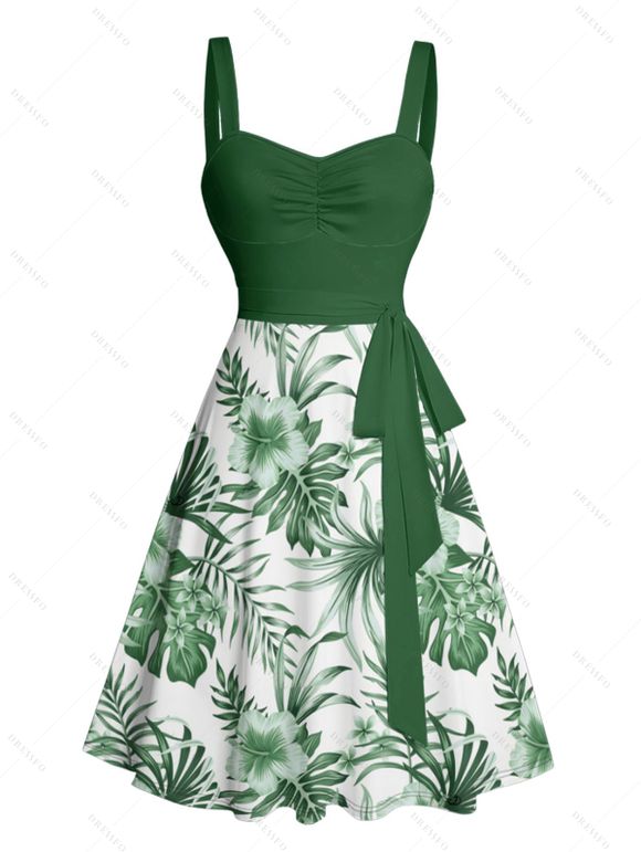 Tropical Flower Leaf Print Belted Mini Vacation Dress And Short Sleeve Shirt Matching Outfit - Vert profond S | US 4