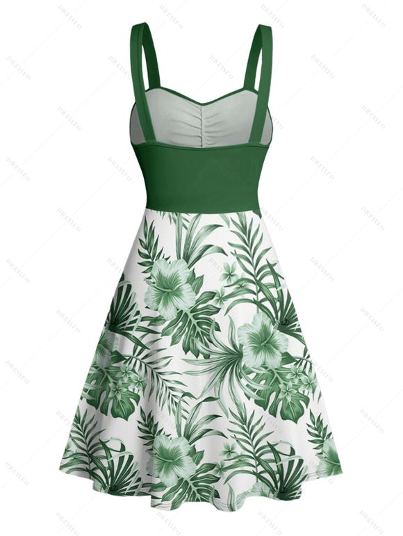 Tropical Flower Leaf Print Belted Mini Vacation Dress And Short Sleeve Shirt Matching Outfit - Vert profond S | US 4