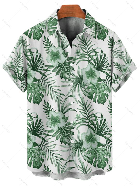 Tropical Flower Leaf Print Belted Mini Vacation Dress And Short Sleeve Shirt Matching Outfit - Vert profond S | US 4