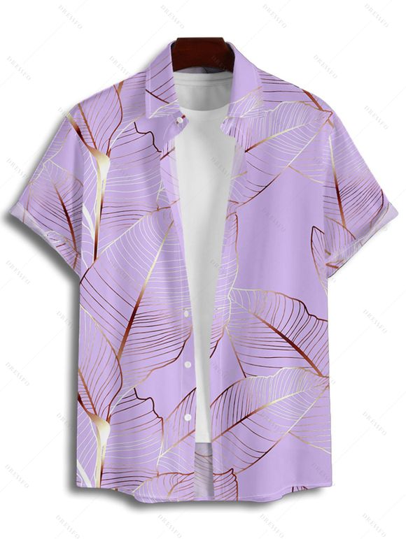 Chemise de Vacances Décontractée Motif de Feuille Tropicale Boutonnée à Manches Roulées pour Homme - Violet clair S