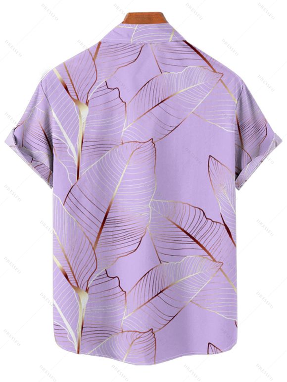 Chemise de Vacances Décontractée Motif de Feuille Tropicale Boutonnée à Manches Roulées pour Homme - Violet clair S