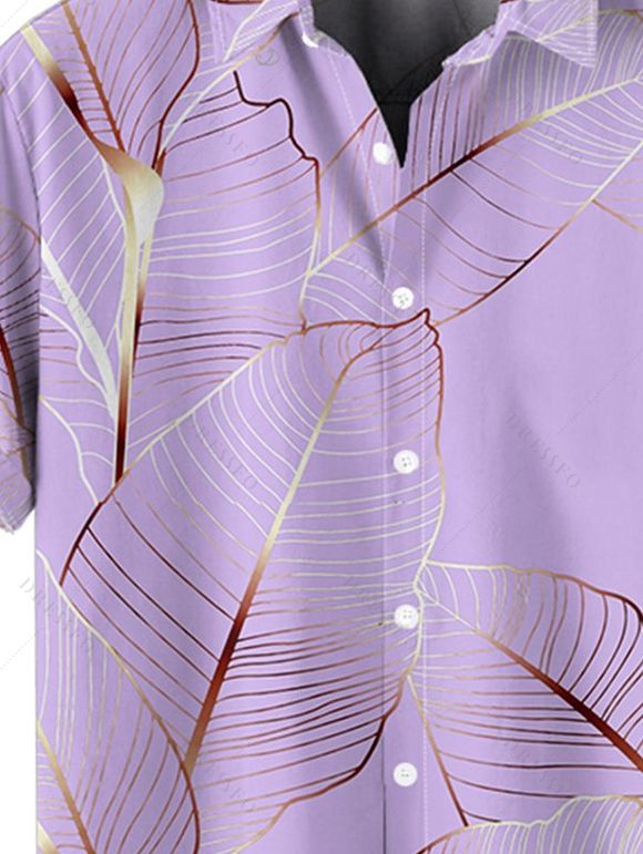 Chemise de Vacances Décontractée Motif de Feuille Tropicale Boutonnée à Manches Roulées pour Homme - Violet clair S