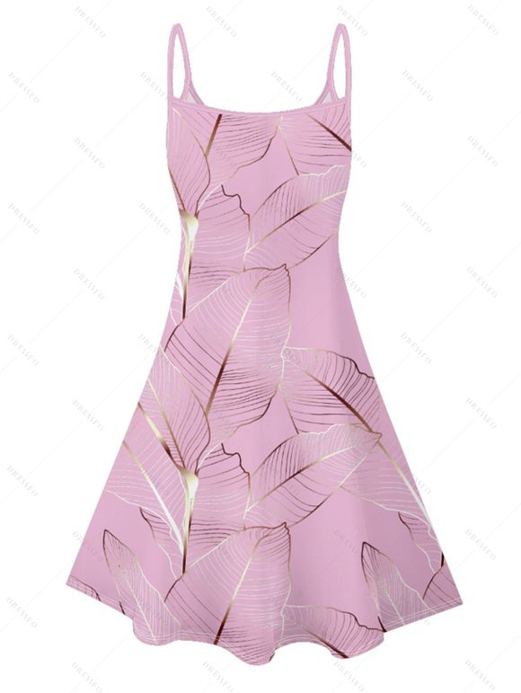 Mini Robe Ligne A Motif de Feuille Tropicale à Bretelle Fine - Rose clair XXXL | US 16