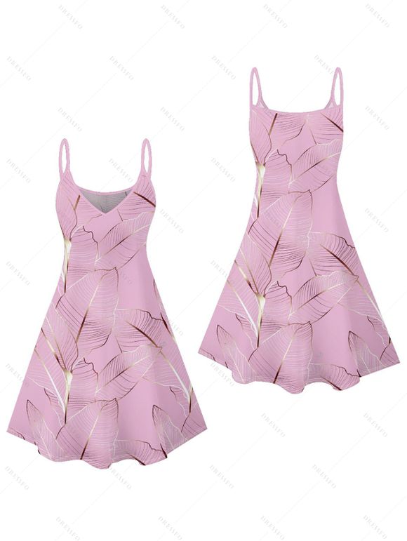 Mini Robe Ligne A Motif de Feuille Tropicale à Bretelle Fine - Rose clair XXXL | US 16