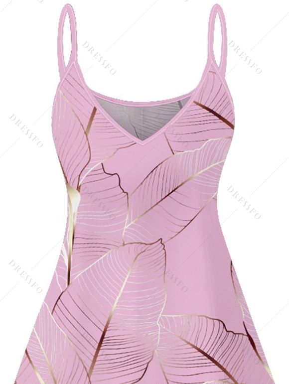 Mini Robe Ligne A Motif de Feuille Tropicale à Bretelle Fine - Rose clair XXXL | US 16
