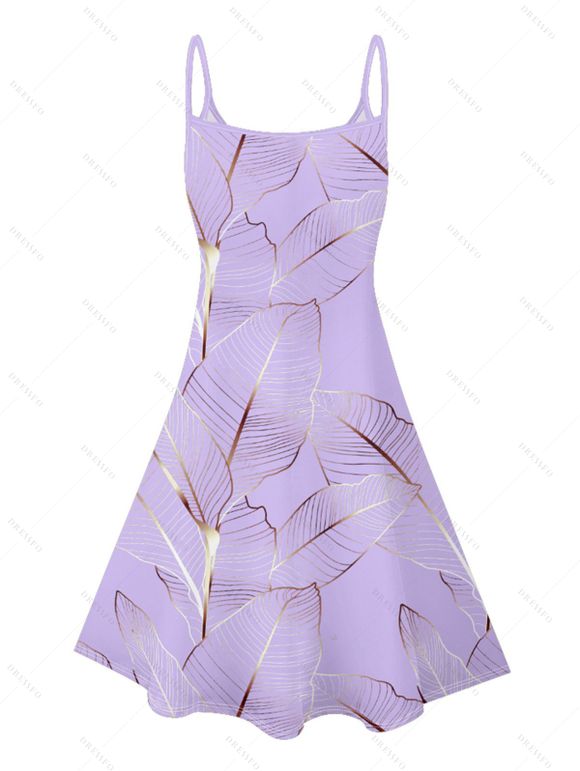 Mini Robe Ligne A Motif de Feuille Tropicale à Bretelle Fine - Violet clair M | US 6