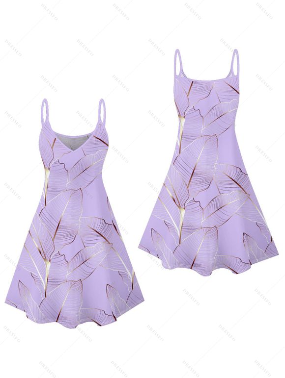 Mini Robe Ligne A Motif de Feuille Tropicale à Bretelle Fine - Violet clair M | US 6