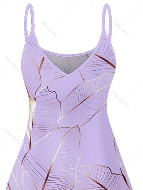 Mini Robe Ligne A Motif de Feuille Tropicale à Bretelle Fine - Violet clair M | US 6