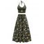 Vacation Outfit Retro Sun Pattern Beaded Halter Tank Top and Celestic Sun Moon Print Bowknot Drawstrings A Line Midi Skirt Matching Outfit - Vert profond S | US 4