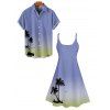 Ombre Palm Tree Print Hawaii Vacation Spaghetti Strap V Neck A Pendulum Mini Dress And Short Sleeve Shirt Matching Outfit - Bleu Ciel S | US 4