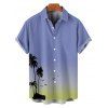 Ombre Palm Tree Print Hawaii Vacation Spaghetti Strap V Neck A Pendulum Mini Dress And Short Sleeve Shirt Matching Outfit - Bleu Ciel S | US 4